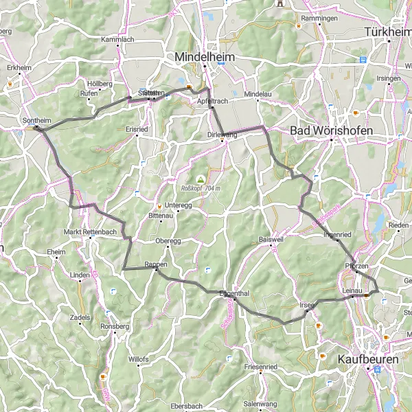 Map miniature of "The Escape to Windenberg" cycling inspiration in Schwaben, Germany. Generated by Tarmacs.app cycling route planner