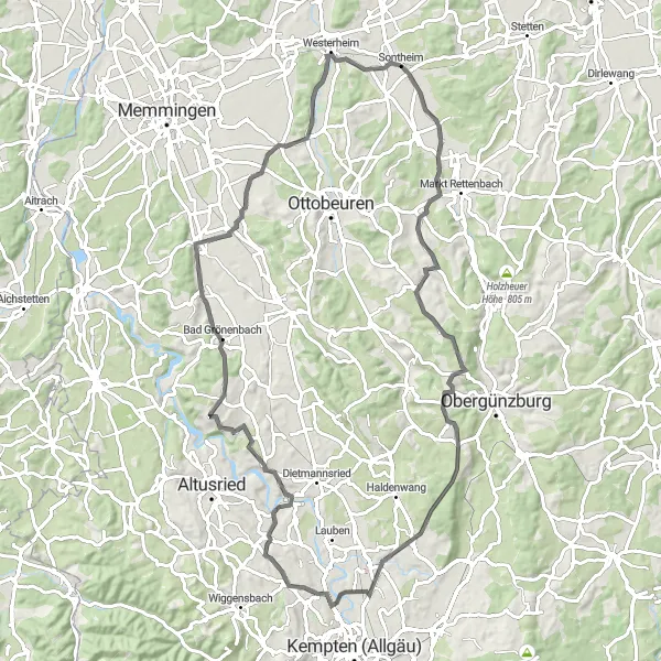 Map miniature of "Hidden Gems of Sontheim" cycling inspiration in Schwaben, Germany. Generated by Tarmacs.app cycling route planner