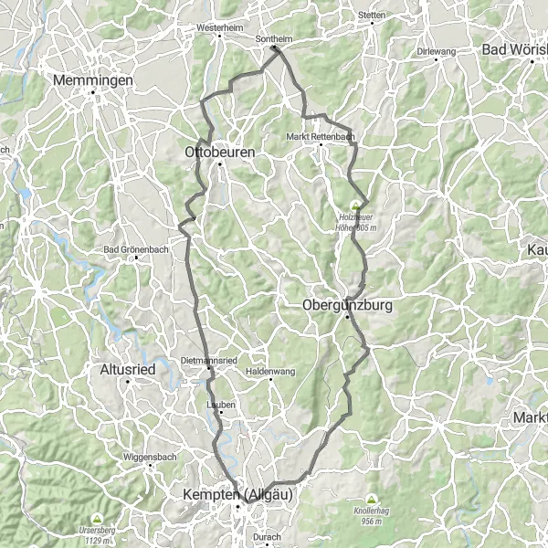 Map miniature of "Windenberg Challenge" cycling inspiration in Schwaben, Germany. Generated by Tarmacs.app cycling route planner