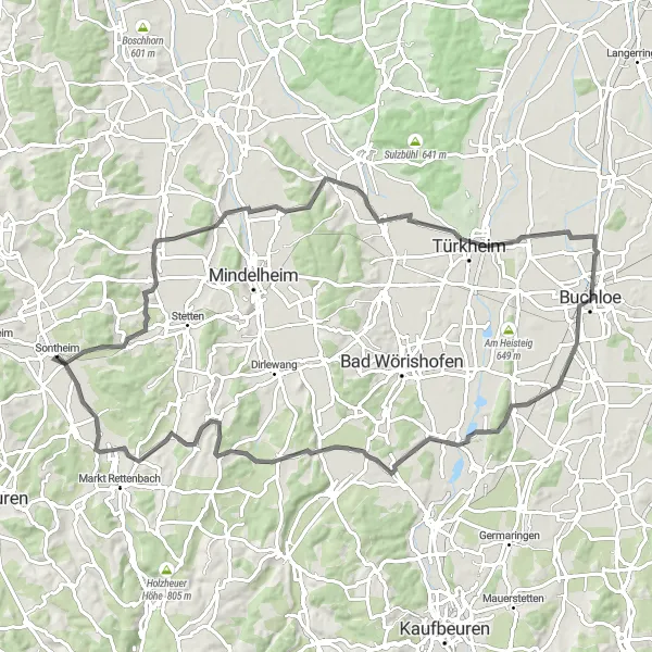 Map miniature of "Wideregg Loop" cycling inspiration in Schwaben, Germany. Generated by Tarmacs.app cycling route planner