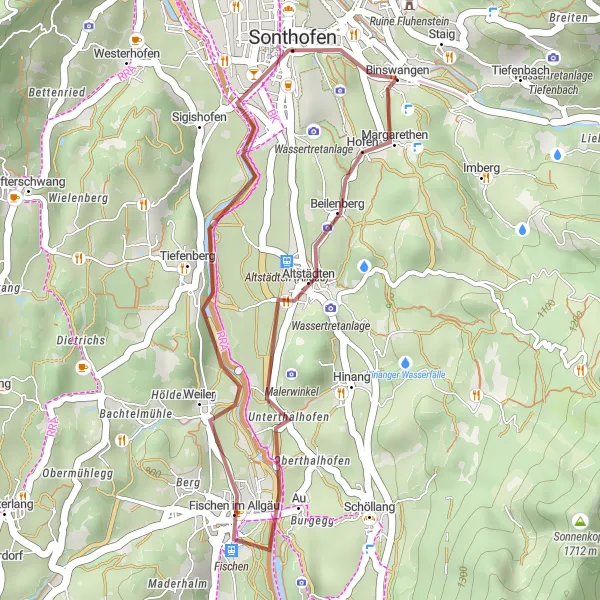 Map miniature of "Malerwinkel and Fischen im Allgäu Gravel Route" cycling inspiration in Schwaben, Germany. Generated by Tarmacs.app cycling route planner