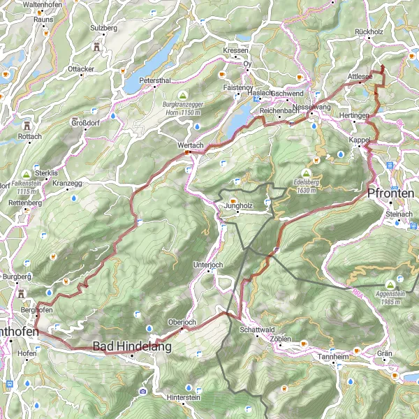 Map miniature of "Gravel Adventure to Bad Hindelang" cycling inspiration in Schwaben, Germany. Generated by Tarmacs.app cycling route planner