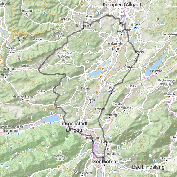 Karten-Miniaturansicht der Radinspiration "Kurze Tour mit grandiosen Ausblicken" in Schwaben, Germany. Erstellt vom Tarmacs.app-Routenplaner für Radtouren