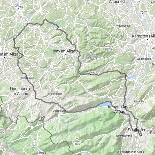 Map miniature of "Scenic Road Cycling to Weinberghöhe" cycling inspiration in Schwaben, Germany. Generated by Tarmacs.app cycling route planner