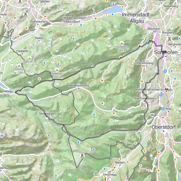 Map miniature of "Sonthofen to Sibratsgfäll Road Cycling Tour" cycling inspiration in Schwaben, Germany. Generated by Tarmacs.app cycling route planner