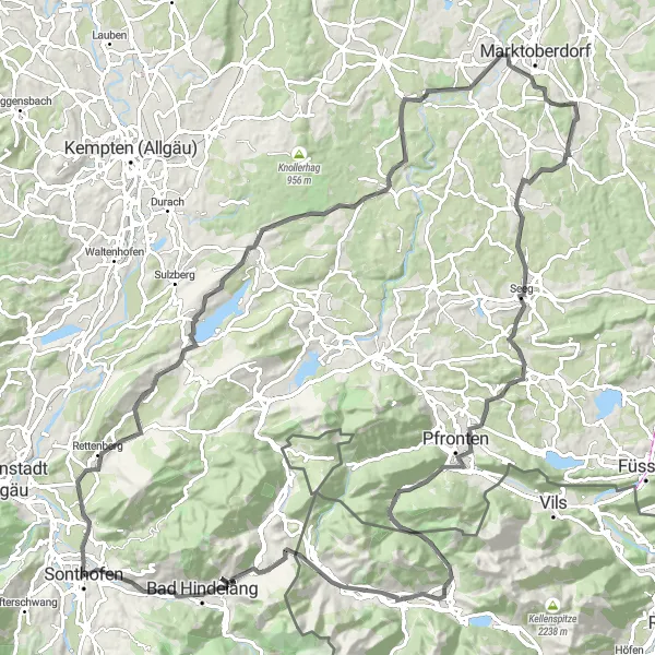 Map miniature of "Sonthofen Gravel Adventure" cycling inspiration in Schwaben, Germany. Generated by Tarmacs.app cycling route planner