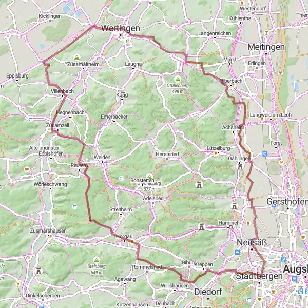 Map miniature of "Katharinenberg Gravel Adventure" cycling inspiration in Schwaben, Germany. Generated by Tarmacs.app cycling route planner