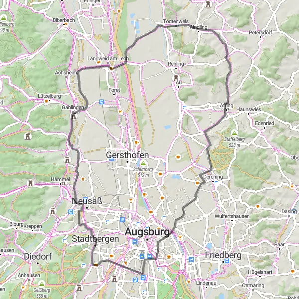 Map miniature of "Stadtbergen Cultural Loop" cycling inspiration in Schwaben, Germany. Generated by Tarmacs.app cycling route planner