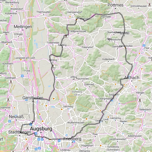 Map miniature of "Gersthofen Uphill Challenge" cycling inspiration in Schwaben, Germany. Generated by Tarmacs.app cycling route planner