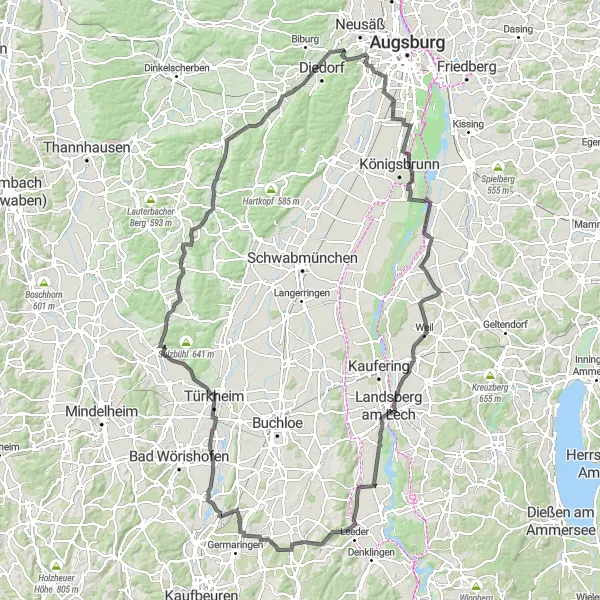 Map miniature of "Lech Valley Road Challenge" cycling inspiration in Schwaben, Germany. Generated by Tarmacs.app cycling route planner