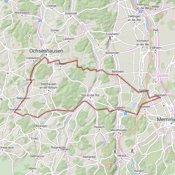 Map miniature of "Rot an der Rot Gravel Adventure" cycling inspiration in Schwaben, Germany. Generated by Tarmacs.app cycling route planner