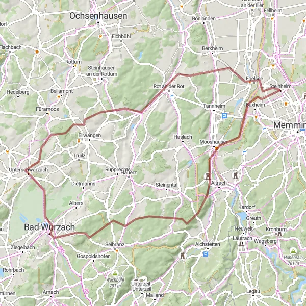 Map miniature of "Steinheim Gravel Loop" cycling inspiration in Schwaben, Germany. Generated by Tarmacs.app cycling route planner