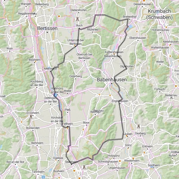 Karten-Miniaturansicht der Radinspiration "Idyllischer Fahrradweg nach Breitenthal" in Schwaben, Germany. Erstellt vom Tarmacs.app-Routenplaner für Radtouren