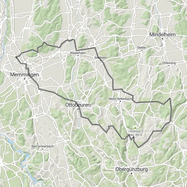 Karten-Miniaturansicht der Radinspiration "Historischer Roadtrip nach Ottobeuren" in Schwaben, Germany. Erstellt vom Tarmacs.app-Routenplaner für Radtouren