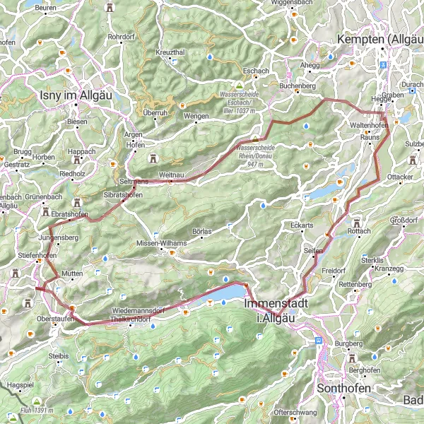 Map miniature of "Wasserscheide Argen/Iller Loop" cycling inspiration in Schwaben, Germany. Generated by Tarmacs.app cycling route planner