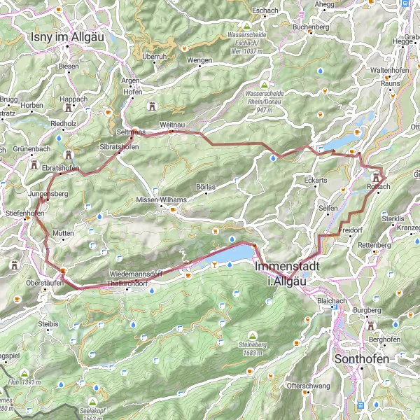 Karten-Miniaturansicht der Radinspiration "Abenteuerliche Waldwege und Bergpanoramen" in Schwaben, Germany. Erstellt vom Tarmacs.app-Routenplaner für Radtouren