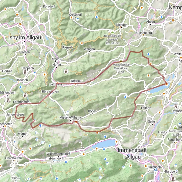 Map miniature of "The Gravel Escape" cycling inspiration in Schwaben, Germany. Generated by Tarmacs.app cycling route planner