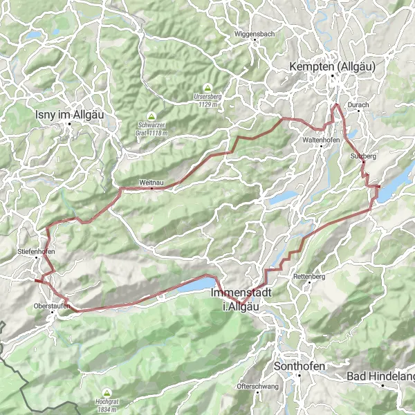 Map miniature of "The Gravel Adventure" cycling inspiration in Schwaben, Germany. Generated by Tarmacs.app cycling route planner