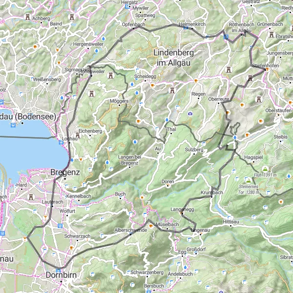 Map miniature of "Oberreute and beyond" cycling inspiration in Schwaben, Germany. Generated by Tarmacs.app cycling route planner