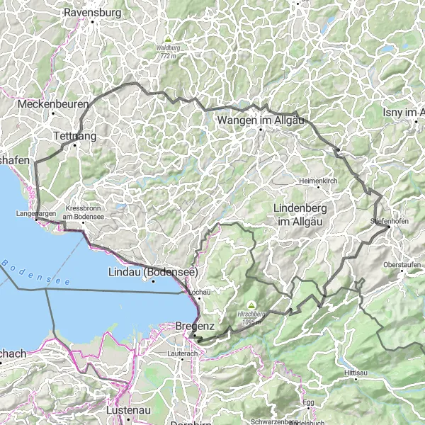 Map miniature of "Oberreute Loop" cycling inspiration in Schwaben, Germany. Generated by Tarmacs.app cycling route planner