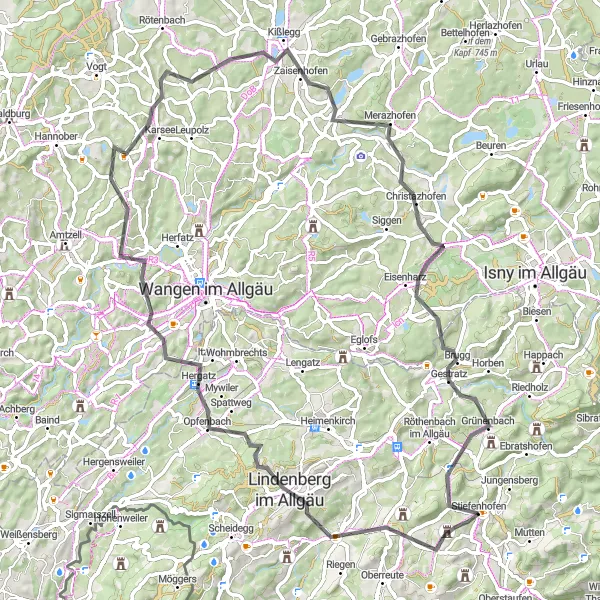 Karten-Miniaturansicht der Radinspiration "Radtour um Stiefenhofen entdecken" in Schwaben, Germany. Erstellt vom Tarmacs.app-Routenplaner für Radtouren