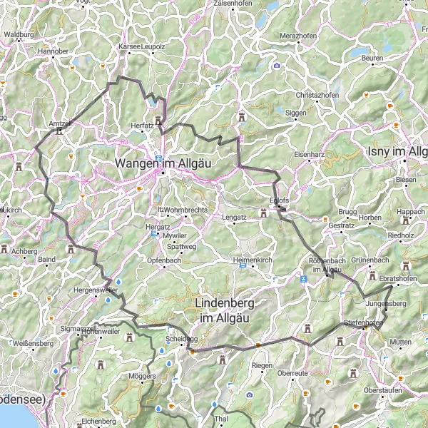 Karten-Miniaturansicht der Radinspiration "Straßenroute Stiefenhofen-Scheidegg-Runde" in Schwaben, Germany. Erstellt vom Tarmacs.app-Routenplaner für Radtouren