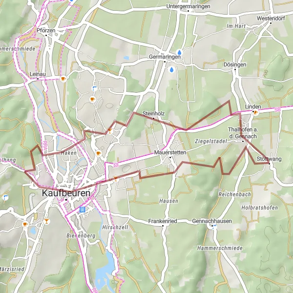 Map miniature of "Exploring Gravel Paths" cycling inspiration in Schwaben, Germany. Generated by Tarmacs.app cycling route planner
