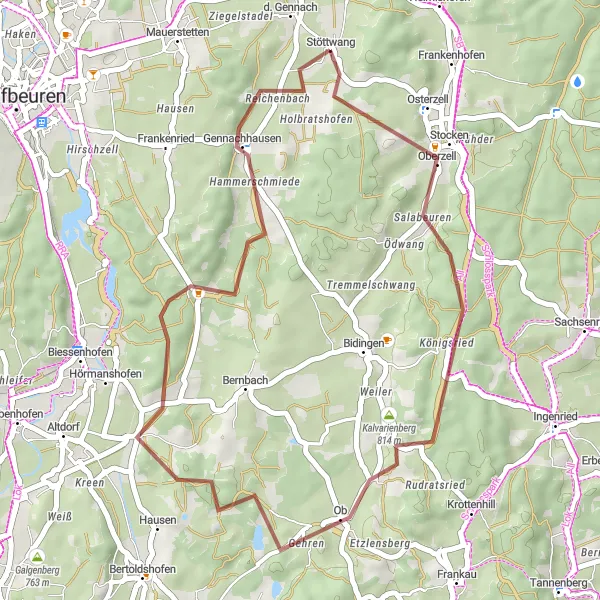 Map miniature of "Gravel Adventure Loop" cycling inspiration in Schwaben, Germany. Generated by Tarmacs.app cycling route planner