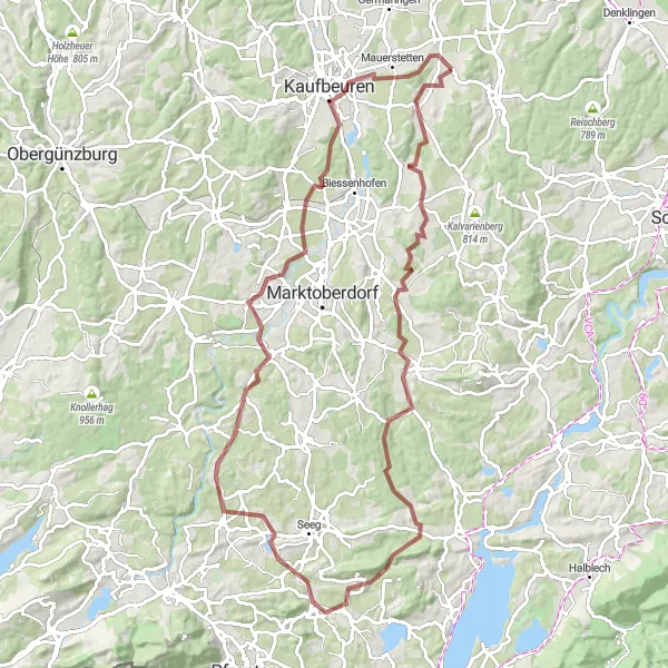 Karten-Miniaturansicht der Radinspiration "Gravel Tour durch Gennachhausen und Kaufbeuren" in Schwaben, Germany. Erstellt vom Tarmacs.app-Routenplaner für Radtouren