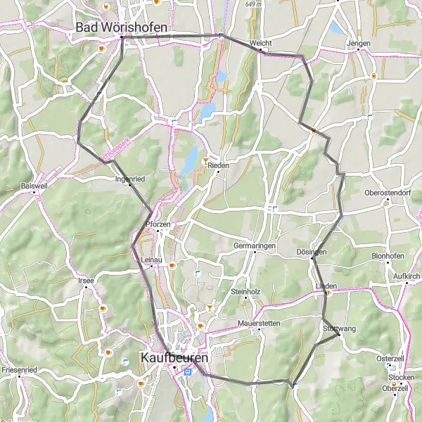 Karten-Miniaturansicht der Radinspiration "Rundfahrt um Stöttwang" in Schwaben, Germany. Erstellt vom Tarmacs.app-Routenplaner für Radtouren