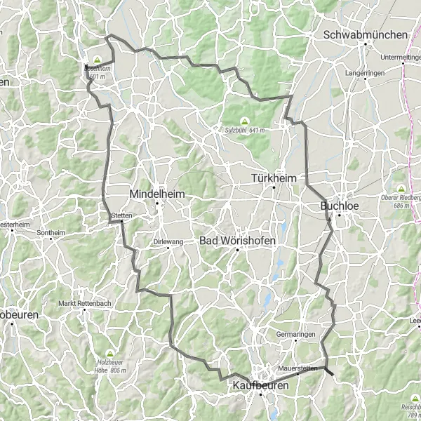 Map miniature of "Adventurous Round-Trip" cycling inspiration in Schwaben, Germany. Generated by Tarmacs.app cycling route planner