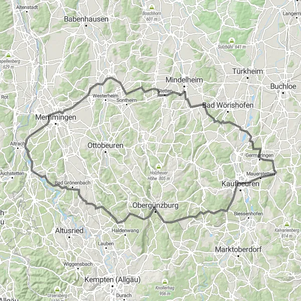 Karten-Miniaturansicht der Radinspiration "Schwaben Rundtour über Memmingen und Kaufbeuren" in Schwaben, Germany. Erstellt vom Tarmacs.app-Routenplaner für Radtouren