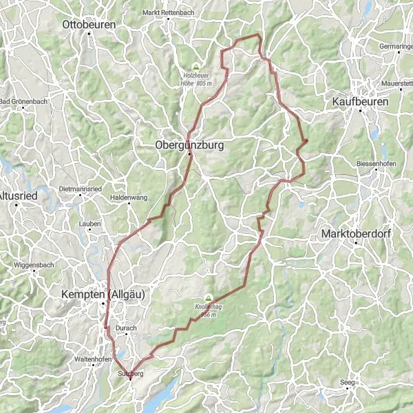 Map miniature of "Obergünzburg Gravel Adventure" cycling inspiration in Schwaben, Germany. Generated by Tarmacs.app cycling route planner