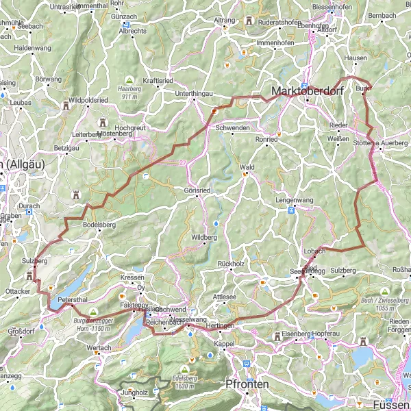 Map miniature of "Aleuthe Ancient Trail" cycling inspiration in Schwaben, Germany. Generated by Tarmacs.app cycling route planner