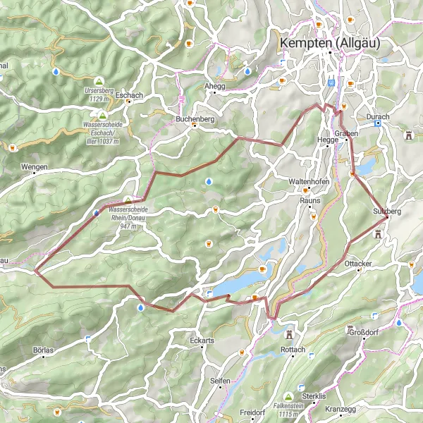 Map miniature of "Sulzberg Gravel Loop" cycling inspiration in Schwaben, Germany. Generated by Tarmacs.app cycling route planner