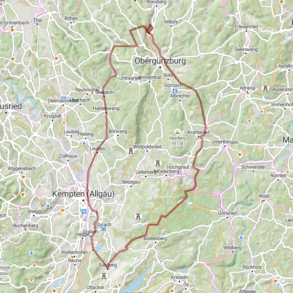 Map miniature of "Countryside Gravel Trail" cycling inspiration in Schwaben, Germany. Generated by Tarmacs.app cycling route planner