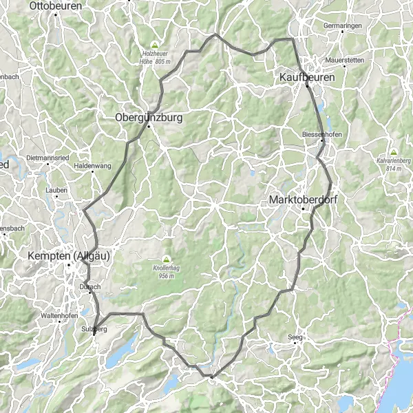 Map miniature of "Durach Loop" cycling inspiration in Schwaben, Germany. Generated by Tarmacs.app cycling route planner