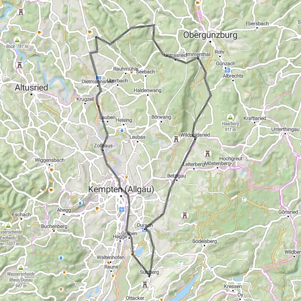 Karten-Miniaturansicht der Radinspiration "Panorama-Rundtour von Sulzberg (Schwaben) auf Asphaltstraßen" in Schwaben, Germany. Erstellt vom Tarmacs.app-Routenplaner für Radtouren
