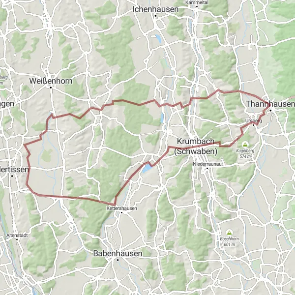 Map miniature of "Epic Gravel Ride through Schwaben's Countryside" cycling inspiration in Schwaben, Germany. Generated by Tarmacs.app cycling route planner