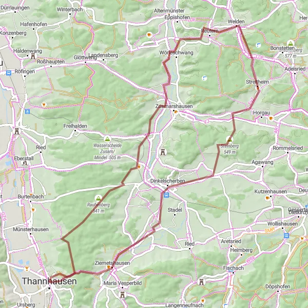 Karten-Miniaturansicht der Radinspiration "Gravel Tour Thannhausen - Dinkelscherben" in Schwaben, Germany. Erstellt vom Tarmacs.app-Routenplaner für Radtouren