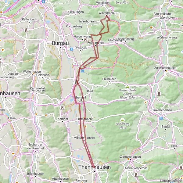 Map miniature of "Around Thannhausen: Castles and Hilltop Views" cycling inspiration in Schwaben, Germany. Generated by Tarmacs.app cycling route planner