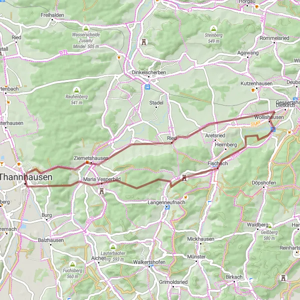 Map miniature of "Bavarian Gravel Loop: Nature and History" cycling inspiration in Schwaben, Germany. Generated by Tarmacs.app cycling route planner