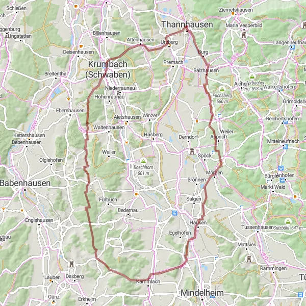 Karten-Miniaturansicht der Radinspiration "Kleine Rundtour von Thannhausen nach Ursberg" in Schwaben, Germany. Erstellt vom Tarmacs.app-Routenplaner für Radtouren