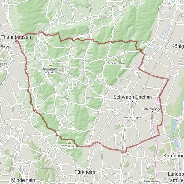 Map miniature of "The Gravel Adventure" cycling inspiration in Schwaben, Germany. Generated by Tarmacs.app cycling route planner