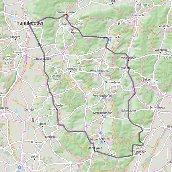 Map miniature of "Ziemetshausen Loop" cycling inspiration in Schwaben, Germany. Generated by Tarmacs.app cycling route planner