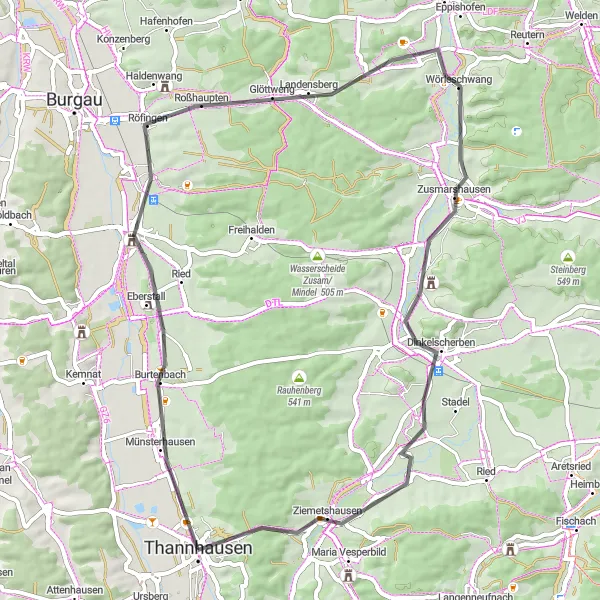 Map miniature of "Road Cycling Adventure in Thannhausen" cycling inspiration in Schwaben, Germany. Generated by Tarmacs.app cycling route planner