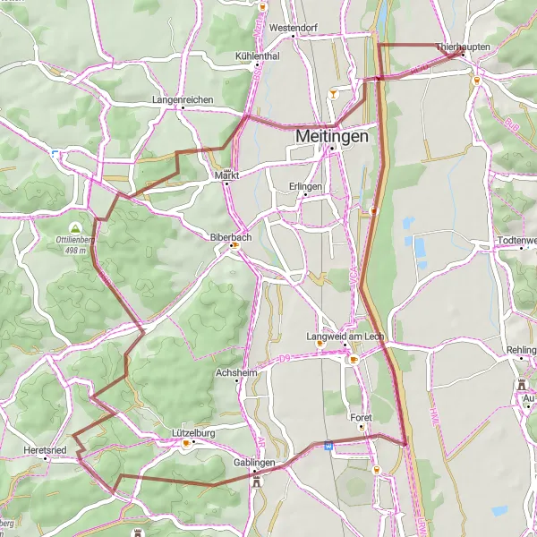 Map miniature of "Heidkopf and Feigenhofen Gravel Route" cycling inspiration in Schwaben, Germany. Generated by Tarmacs.app cycling route planner