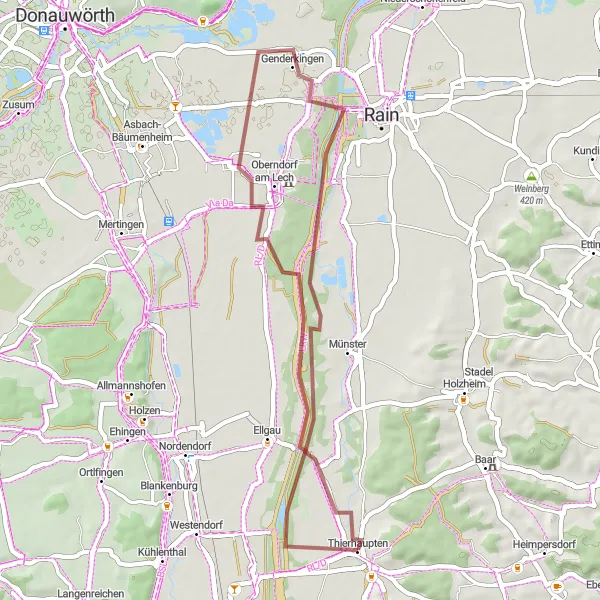 Map miniature of "Gut Herrlehof and Oberndorf am Lech Gravel Route" cycling inspiration in Schwaben, Germany. Generated by Tarmacs.app cycling route planner