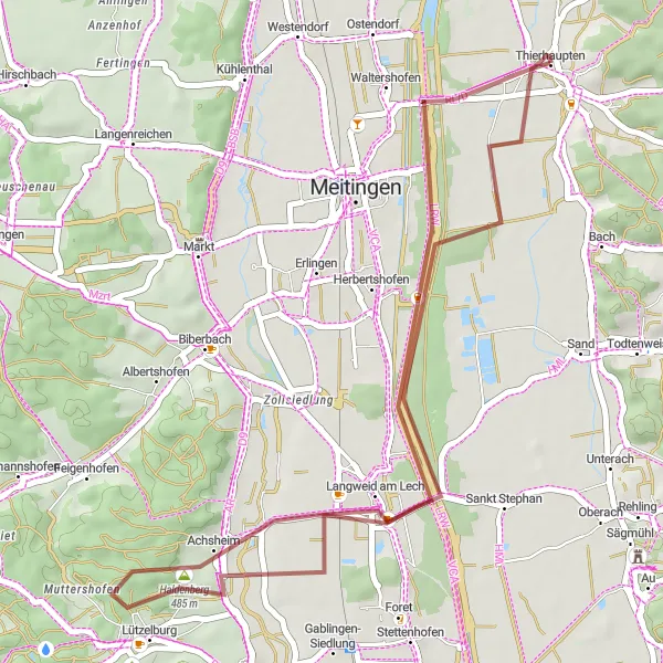 Map miniature of "Langweid am Lech and Tannenberg Gravel Route" cycling inspiration in Schwaben, Germany. Generated by Tarmacs.app cycling route planner