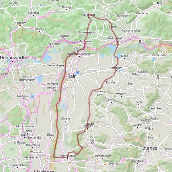 Map miniature of "Oberpeiching and Burgheim Gravel Route" cycling inspiration in Schwaben, Germany. Generated by Tarmacs.app cycling route planner